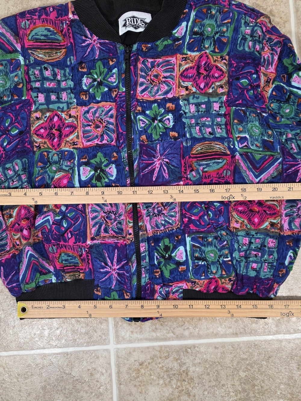 Vintage 90s Colorful Abstract Bomber Jacket Cropped Festival M/L - Picture 9 of 11